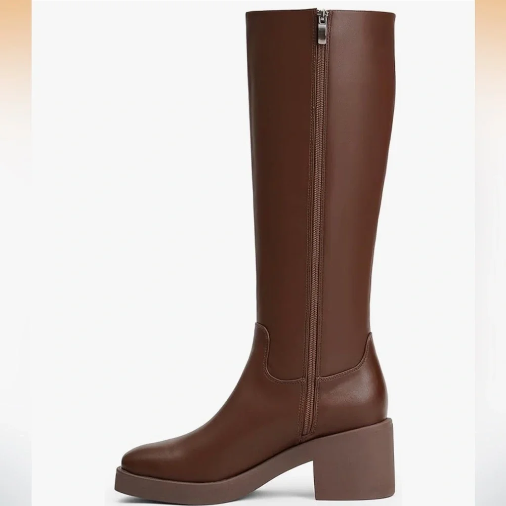NWOT Brown Knee-High Platform Square Toe Chunky Heel Women's Boots 8.5
